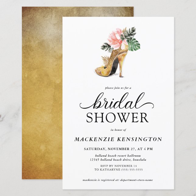 Budget Tropical Floral Gold Heels Bridal Shower (Front/Back)