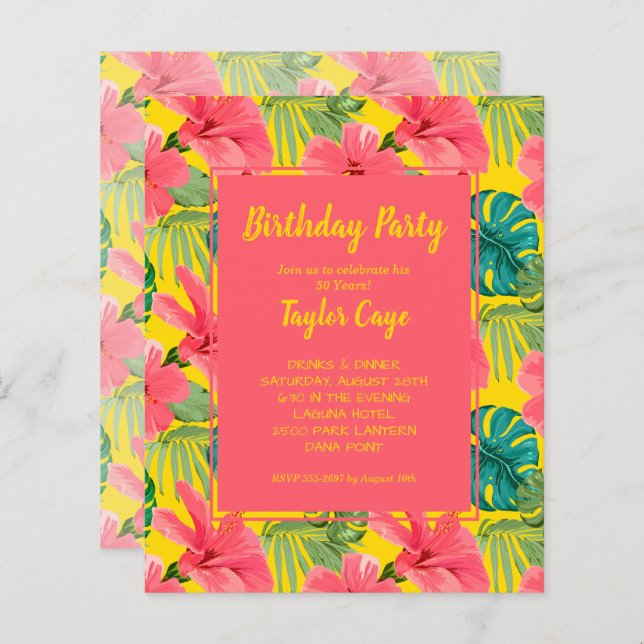Budget Tropical Flowers Birthday Party Invitations (Front/Back)