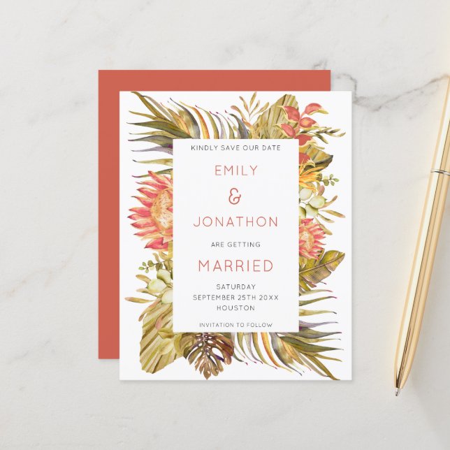 Budget Tropical Foliage Wedding Save the Date (Front/Back In Situ)