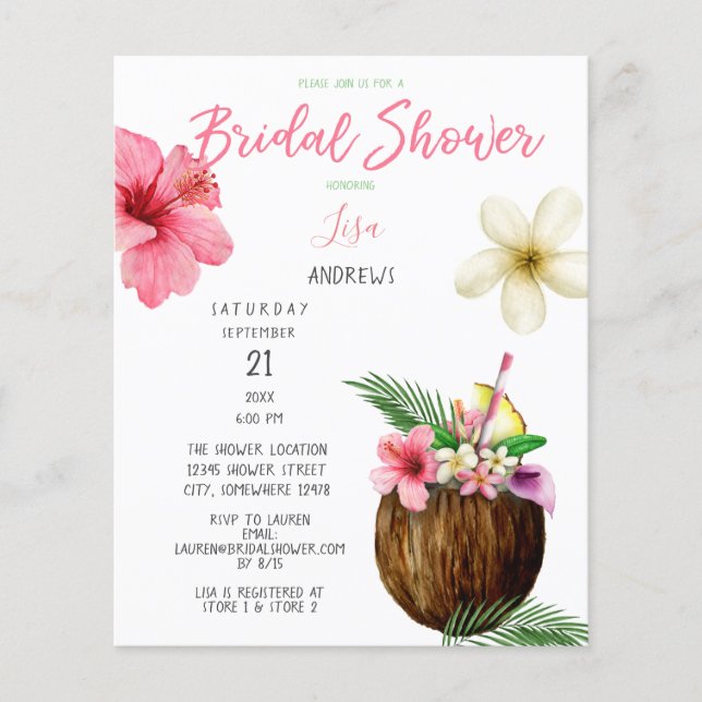 Budget Tropical Hawaiian Bridal Shower Flyer (Front)