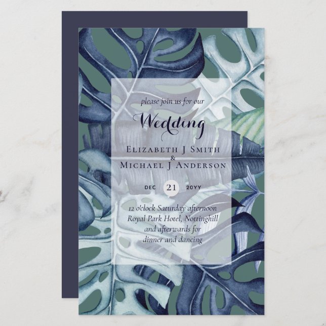 BUDGET Tropical Leaf Blue Teal Wedding Invite (Front/Back)