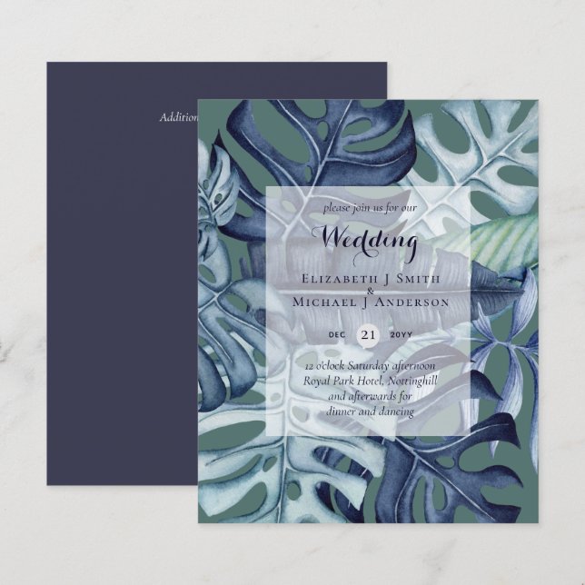 BUDGET Tropical Leaf Blue Teal Wedding Invite (Front/Back)