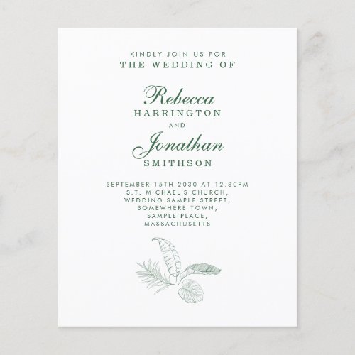 Budget Tropical Leaf Green Paper Wedding Invite