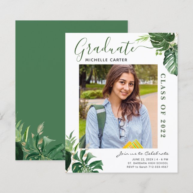 Budget Tropical Leaf Photo Graduation Announcement (Front/Back)