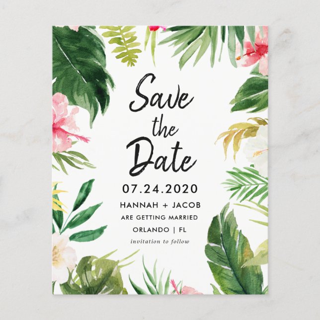 Budget Tropical Leaves Luau Save the Dates (Front)