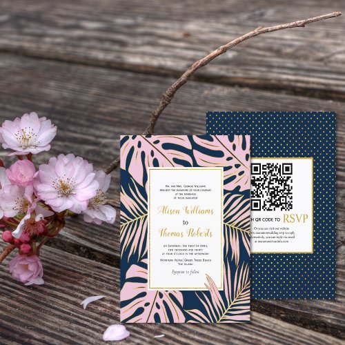 BUDGET Tropical leaves QR code wedding invitation