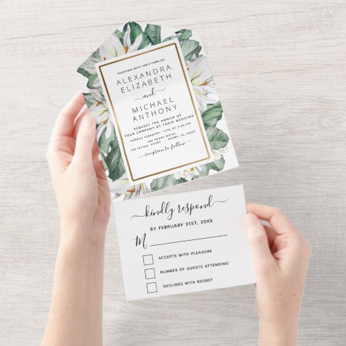 Budget Tropical Magnolia Floral Wedding All In One Invitation