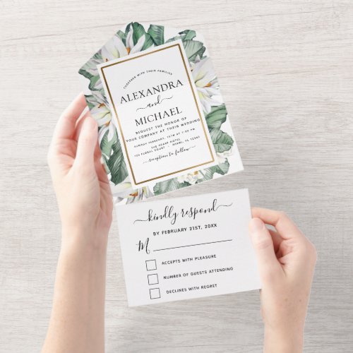 Budget Tropical Magnolia Floral Wedding RSVP All In One Invitation