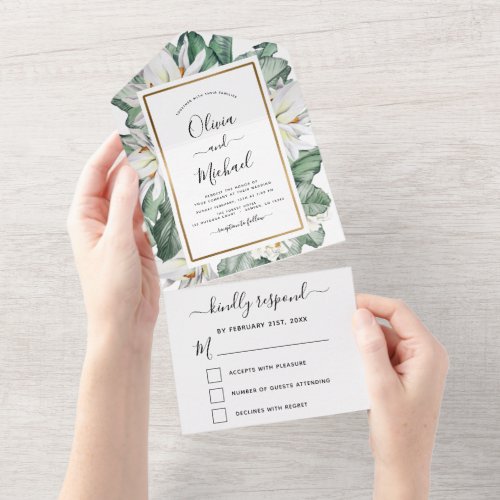 Budget Tropical Magnolia Floral Wedding RSVP All In One Invitation