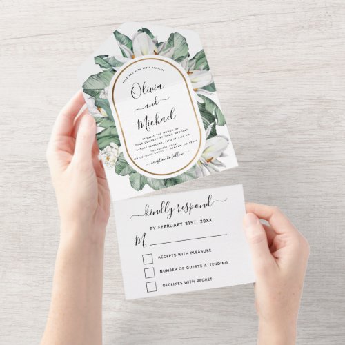 Budget Tropical Magnolia Floral Wedding RSVP  All In One Invitation