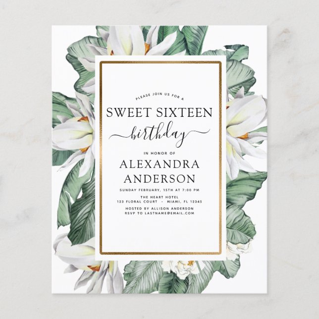 Budget Tropical Magnolia Sweet 16 Invitation (Front)