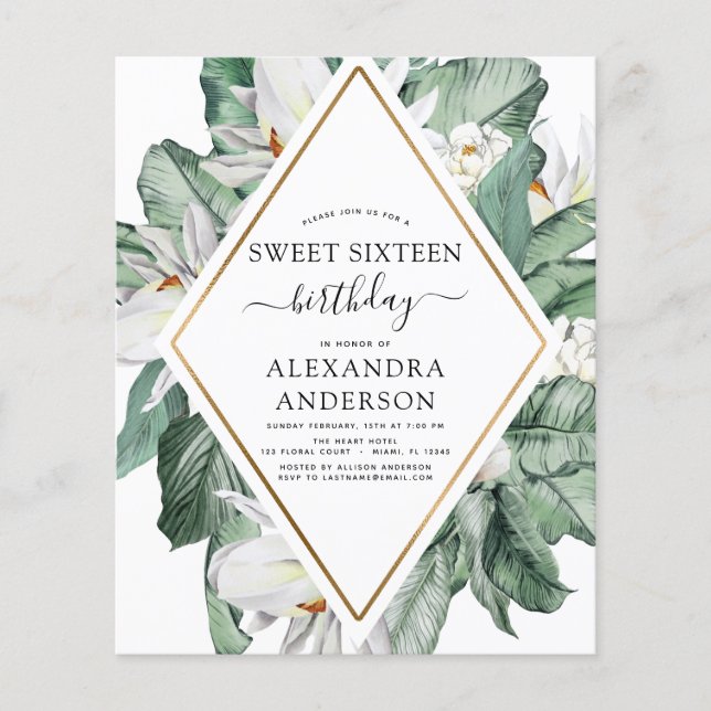 Budget Tropical Magnolia Sweet 16 Invitation Flyer (Front)
