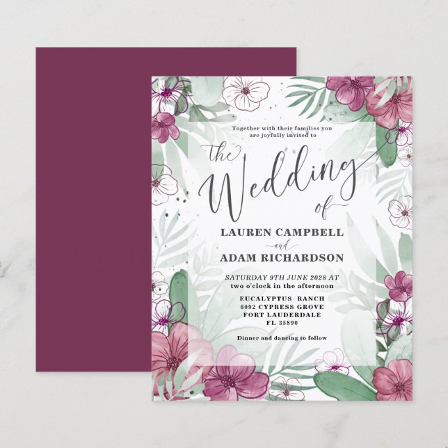 Budget Tropical Maroon & Green Wedding Invitation (Front/Back)