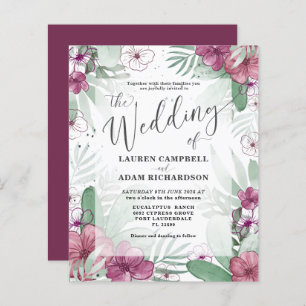 Budget Tropical Maroon & Green Wedding Invitation