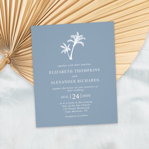Budget Tropical Palm Dusty Blue Wedding Invitation Flyer
