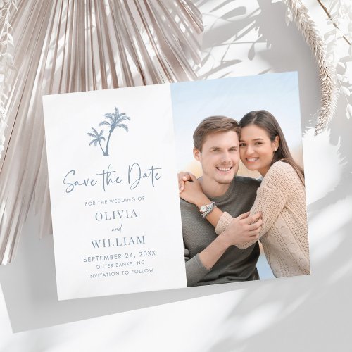 Budget Tropical Palm DustyBlue Photo Save the Date