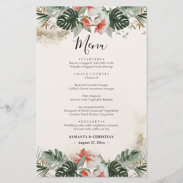 Budget Tropical Palm Greenery  Wedding Menu Flyer (Front)
