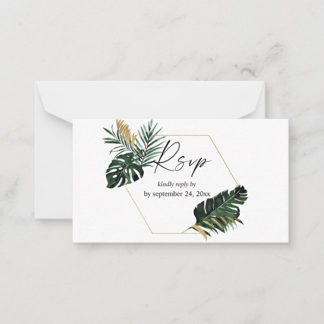 Budget Tropical Palm Leaf Gold 2SM Meal RSVP Note Card (Front)
