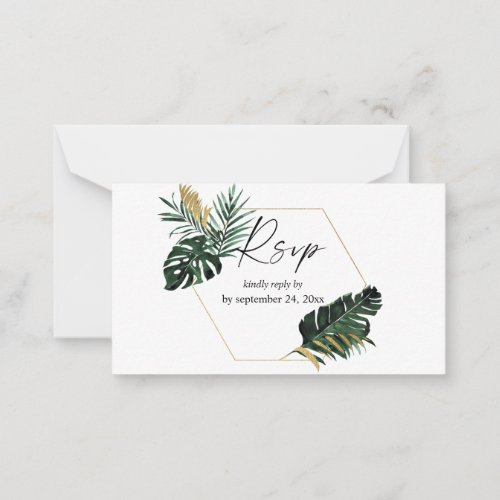 Budget Tropical Palm Leaf Gold 2SM Meal RSVP Note Card