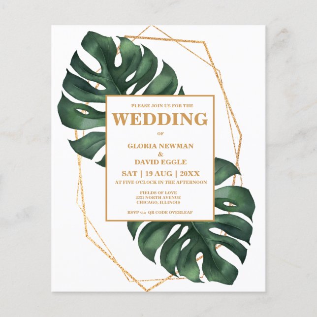 Budget Tropical Palm Leaf QR Code  Invitation (Front)