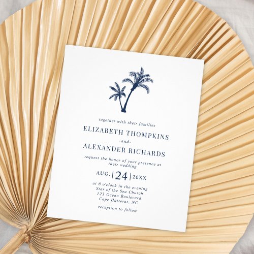 Budget Tropical Palm Navy Blue Wedding Invitation Flyer
