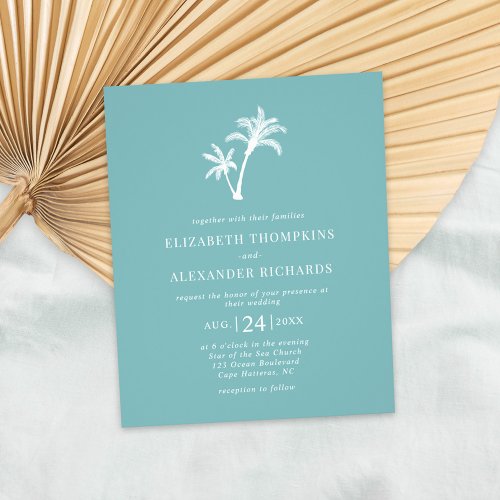 Budget Tropical Palm Sea Glass Blue Wedding Invite Flyer