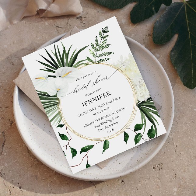 Budget Tropical Palm & White Floral Bridal Shower Flyer (Creator Uploaded)
