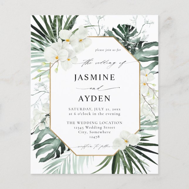 Budget Tropical Palm & White Floral Wedding Flyer (Front)