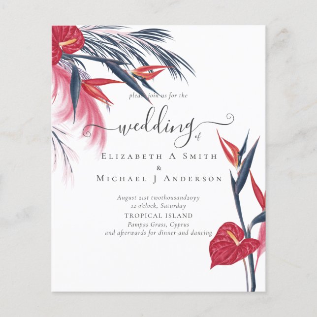 BUDGET  Tropical Pampas Grass Navy Berry Wedding Flyer (Front)