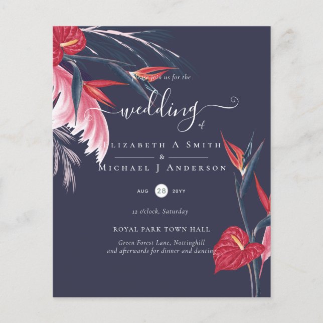 BUDGET  Tropical Pampas Grass Navy Berry Wedding Flyer (Front)