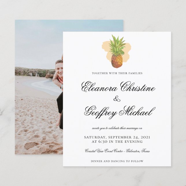 Budget Tropical Pineapple Watercolor Photo Weddin (Front/Back)