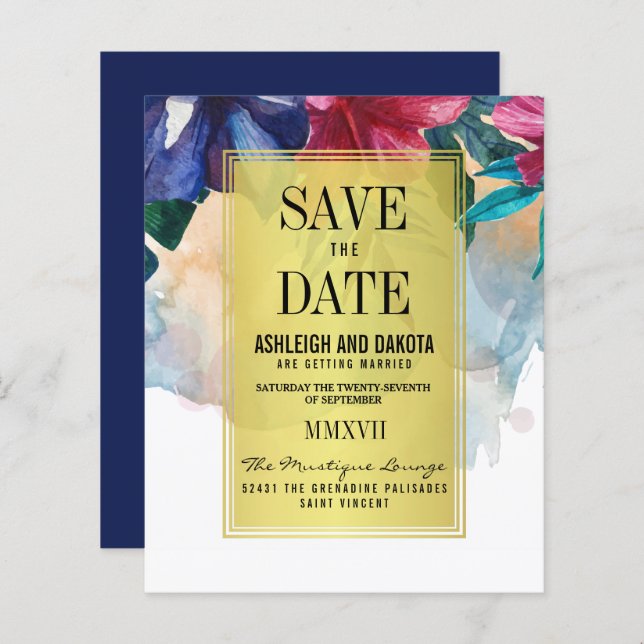 Budget Tropical Watercolor Flowers Save The Date (Front/Back)