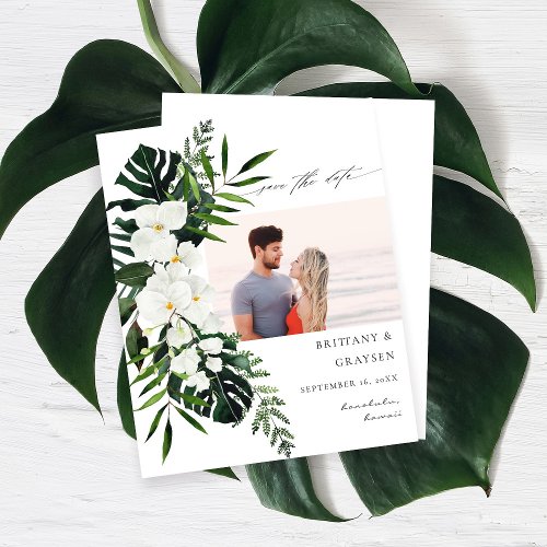 Budget Tropical White Floral Photo Save the Date