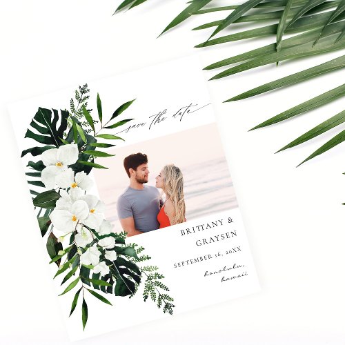 Budget Tropical White Floral Save the Date Photo Flyer