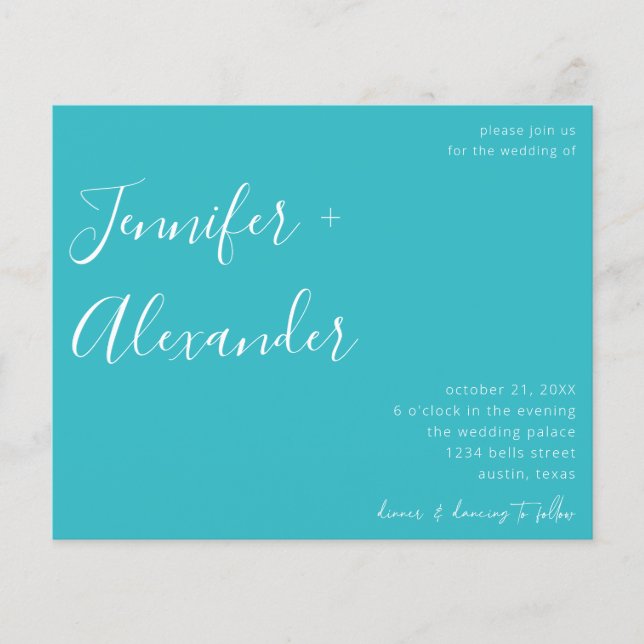 Budget Turquoise Blue Calligraphy Photo Wedding Flyer (Front)