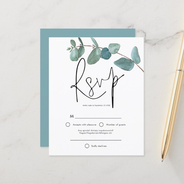 Budget Turquoise Eucalyptus Elegant Script RSVP (Front/Back In Situ)