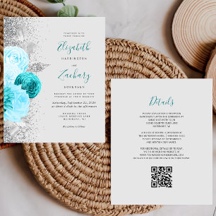 Budget Turquoise Floral Silver QR Code Wedding