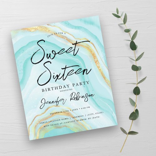 Budget Turquoise Gold Marble Sweet 16 Invite 