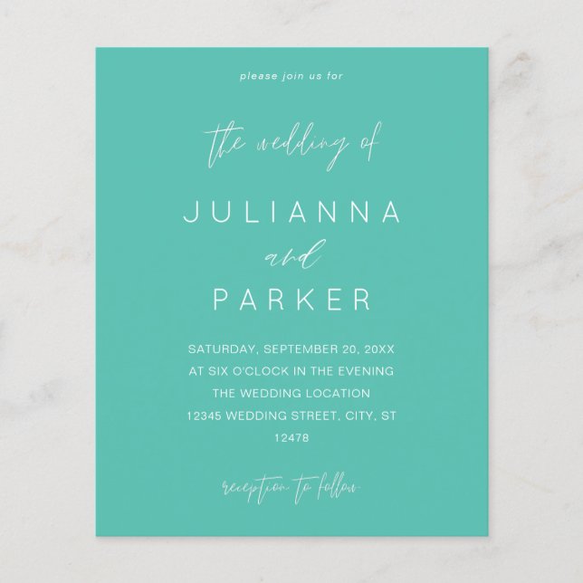Budget Turquoise Green MOD Calligraphy Wedding Flyer (Front)