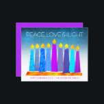 Budget Turquoise Hanukkah Candles Peace Love Card<br><div class="desc">“Peace, love & light.” A playful, modern, artsy illustration of boho pattern candles in a menorah helps you usher in the holiday of Hanukkah. Assorted blue candles with colorful faux foil patterns overlay a turquoise gradient to white textured background. Faux hot pink purple diamond pattern foil on a cornflower blue...</div>