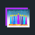 Budget Turquoise Hanukkah Candles Peace Love Card<br><div class="desc">“Peace, love & light.” A playful, modern, artsy illustration of boho pattern candles in a menorah helps you usher in the holiday of Hanukkah. Assorted blue candles with colorful faux foil patterns overlay a turquoise gradient to white textured background. Faux hot pink purple diamond pattern foil on a cornflower blue...</div>
