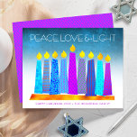 Budget Turquoise Hanukkah Candles Peace Love Card<br><div class="desc">“Peace, love & light.” A playful, modern, artsy illustration of boho pattern candles in a menorah helps you usher in the holiday of Hanukkah. Assorted blue candles with colorful faux foil patterns overlay a turquoise gradient to white textured background. Faux hot pink purple diamond pattern foil on a cornflower blue...</div>