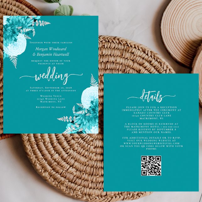 Budget Turquoise Silver Floral QR Code Wedding (Creator Uploaded)