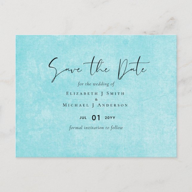 BUDGET Turquoise Yellow Script Wedding Postcard (Front)