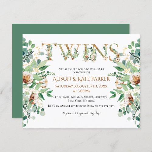 Budget Twin Baby Shower Eucalyptus Gold Invitation