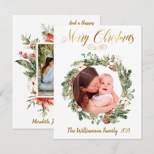 Budget Two Photo Collage Gold Merry Christmas  (Front/Back)