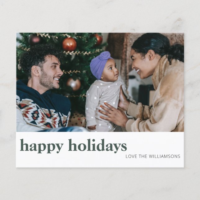 Budget Two Photo Minimal Green Happy Holidays Card (Front)