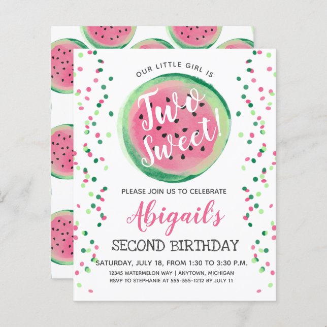Budget Two Sweet Second Birthday Invitation (Front/Back)