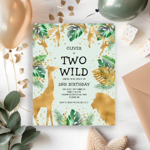 Budget Two Wild Green Gold 2nd Birthday Invitation