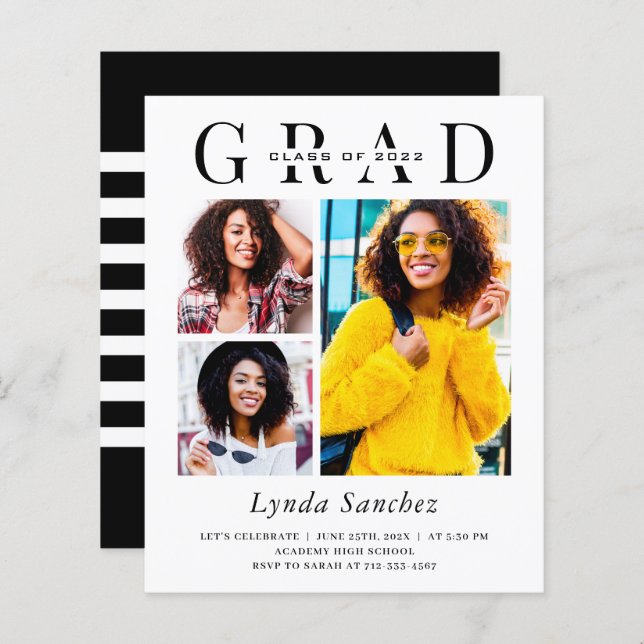 Budget Typography 3 Photo Graduation Invitations (Front/Back)